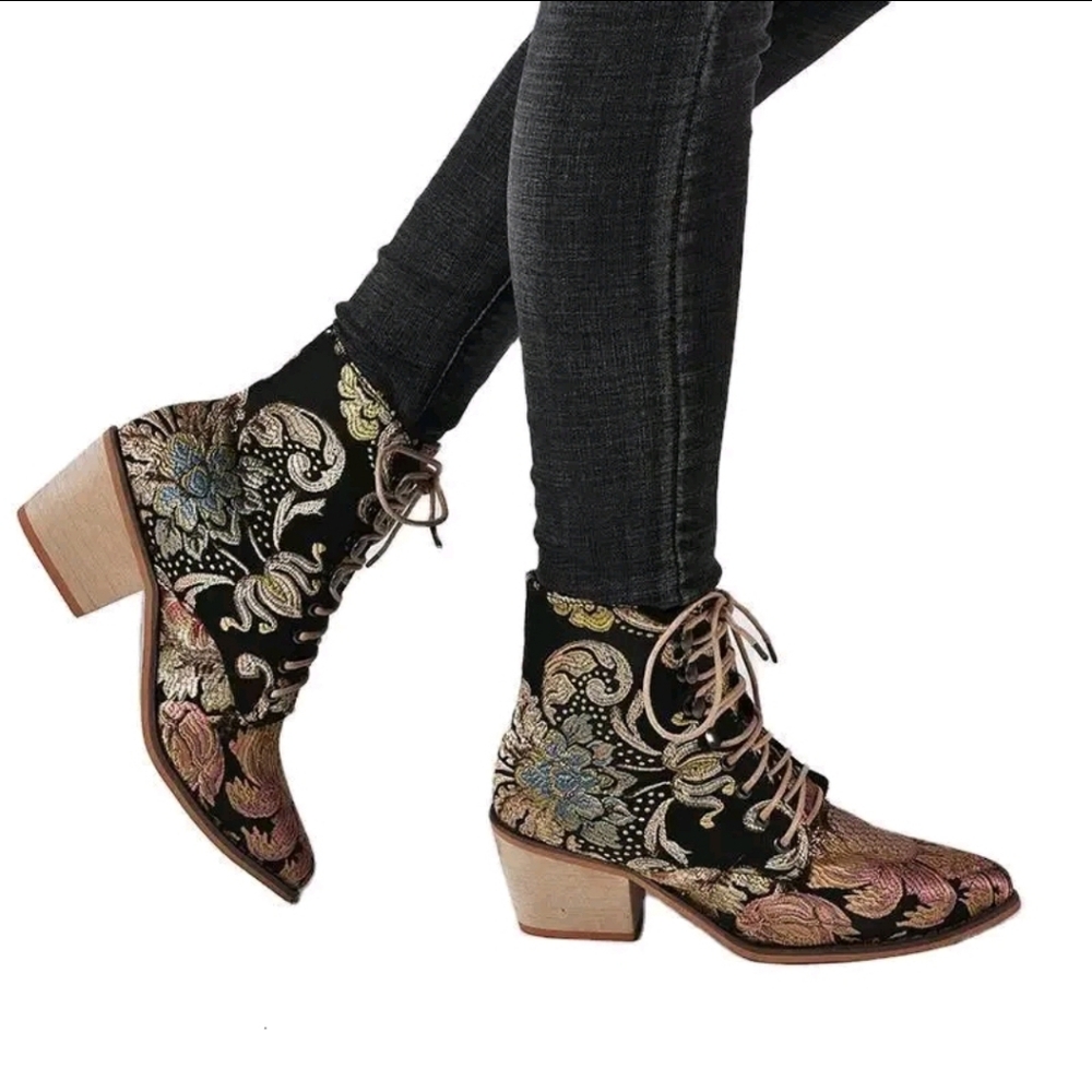 Flora Tapesrtyl Lace-Up Ankle Boots - Black and Multicolor - Picture 2 of 12